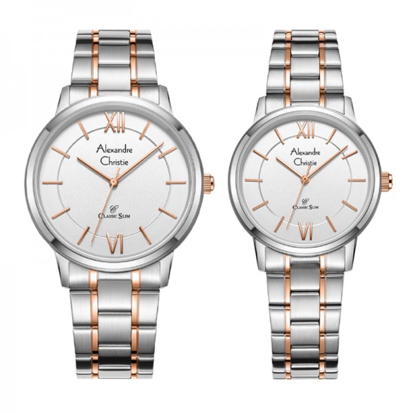 Alexandre Christie AC 8689 Silver Rosegold White Couple